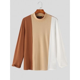 Mens Color Block Patchwork Knit Long Sleeve T-Shirt
