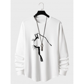 Mens Cat Graphic Crew Neck Curved Hem Long Sleeve T-Shirts