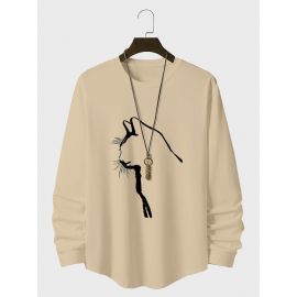 Mens Cat Graphic Crew Neck Curved Hem Long Sleeve T-Shirts
