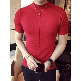 Mens Solid Half-Collar Short Sleeve Knit T-Shirt