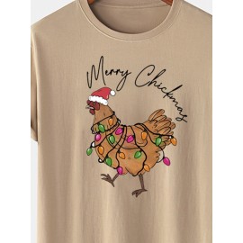 Mens Christmas Chicken Print Crew Neck Short Sleeve T-Shirts Winter