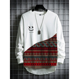 Mens Smile Vintage Geometric Print Patchwork Curved Hem T-Shirts Winter