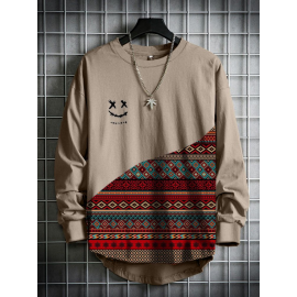 Mens Smile Vintage Geometric Print Patchwork Curved Hem T-Shirts Winter