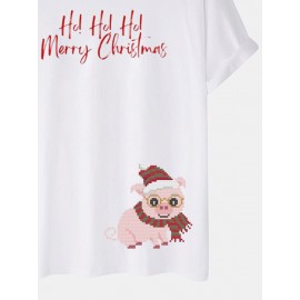 Mens Christmas Cartoon Pig Print Crew Neck Short Sleeve T-Shirts Winter