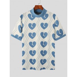 Mens Heart Print Half-Collar Short Sleeve T-Shirt