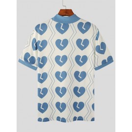 Mens Heart Print Half-Collar Short Sleeve T-Shirt