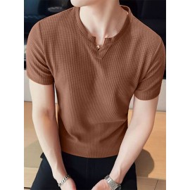 Mens Solid Notched Neck Waffle Knit Short Sleeve T-Shirt