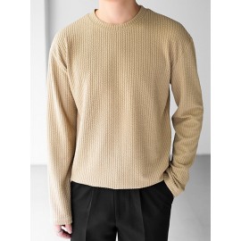 Mens Solid Texture Crew Neck Long Sleeve T-Shirt