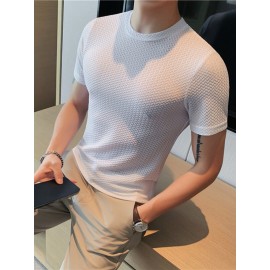 Mens Solid Texture Crew Neck Short Sleeve T-Shirt