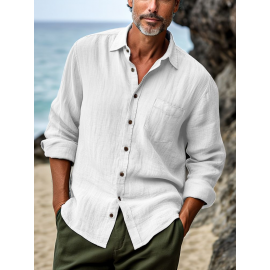 Mens Solid Texture Chest Pocket Lapel Casual Long Sleeve Shirts