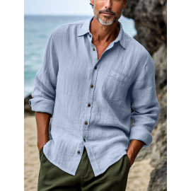Mens Solid Texture Chest Pocket Lapel Casual Long Sleeve Shirts