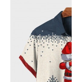 Mens Christmas Santa Claus Elk Print Lapel Short Sleeve Shirts