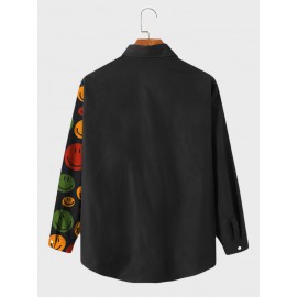 Mens Smile Face Print Patchwork Casual Long Sleeve Shirts Winter