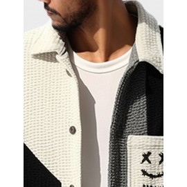 Mens Smile Print Color Block Patchwork Casual Long Sleeve Shirts Winter