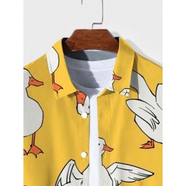 Mens Allover Cartoon Duck Print Lapel Long Sleeve Shirts Winter