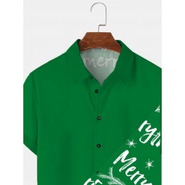 Mens Christmas Letter Print Button Up Casual Short Sleeve Shirts Winter