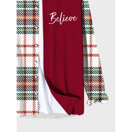 Mens Christmas Plaid Letter Print Patchwork Casual Long Sleeve Shirts Winter
