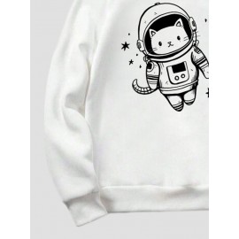 Mens Cartoon Astronaut Cat Print Casual Long Sleeve Hoodies Winter