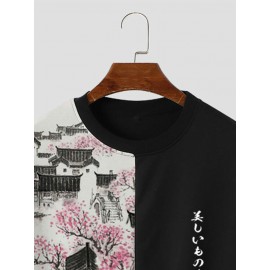 Mens Landscape Print Patchwork Crew Neck Pullover Sweatshirts Winter