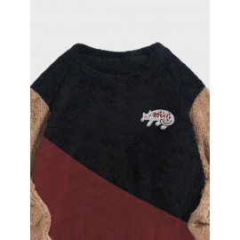 Mens Cartoon Animal Embroidered Color Block Patchwork Plush Pullover Sweatshirts Winter