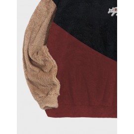 Mens Cartoon Animal Embroidered Color Block Patchwork Plush Pullover Sweatshirts Winter