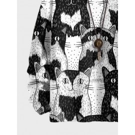 Mens Allover Cartoon Cat Print Crew Neck Pullover Sweatshirts Winter