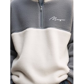 Mens Contrast Patchwork Embroidered Half Zip Fleece Pullover Sweatshirts Winter