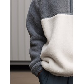 Mens Contrast Patchwork Embroidered Half Zip Fleece Pullover Sweatshirts Winter