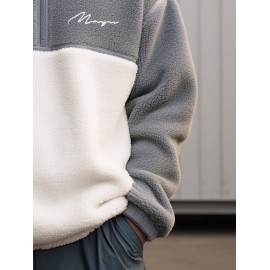 Mens Contrast Patchwork Embroidered Half Zip Fleece Pullover Sweatshirts Winter