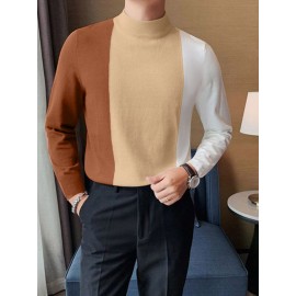 Mens Color Block Patchwork Knit Long Sleeve T-Shirt