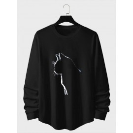 Mens Cat Graphic Crew Neck Curved Hem Long Sleeve T-Shirts