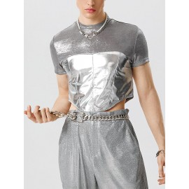 Mens Metallic Patchwork Short Sleeve Cropped T-Shirt