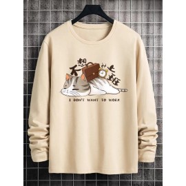 Mens Cartoon Cat Slogan Print Crew Neck Long Sleeve T-Shirts Winter