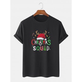 Mens Christmas Letter Print Crew Neck Short Sleeve T-Shirts