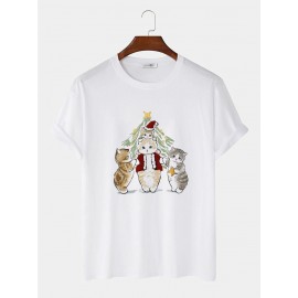 Mens Christmas Cartoon Cat Print Crew Neck Short Sleeve T-Shirts Winter