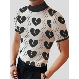 Mens Heart Print Half-Collar Short Sleeve T-Shirt