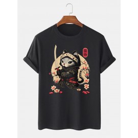 Mens Japanese Warrior Cat Floral Print Short Sleeve T-Shirts Winter