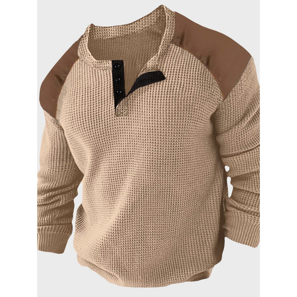Mens Contrast Patchwork Quarter Button Waffle Knit Long Sleeve T-Shirts Winter Mens Contrast Patchwork Quarter Button Waffle Knit Long Sleeve T-Shirts Winter