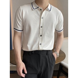 Mens Contrast Trim Lapel Knit Short Sleeve Shirt