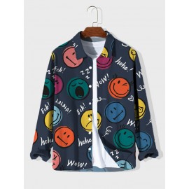 Mens Allover Colorful Smile Print Lapel Long Sleeve Shirts Winter