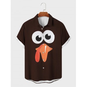 Mens Cartoon Chicken Graphic Lapel Casual Short Sleeve Shirts Winter