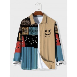 Mens Ethnic Tribal Smile Print Patchwork Long Sleeve Shirts Winter