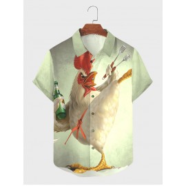 Mens Cartoon Chicken Print Button Up Casual Short Sleeve Shirts Winter