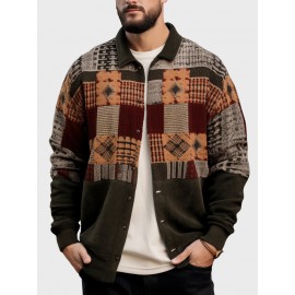 Mens Ethnic Vintage Geometric Pattern Patchwork Long Sleeve Shirts Winter