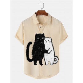 Mens Cute Cat Print Lapel Casual Short Sleeve Shirts Winter