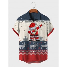 Mens Christmas Santa Claus Elk Print Lapel Short Sleeve Shirts