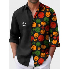 Mens Smile Face Print Patchwork Casual Long Sleeve Shirts Winter