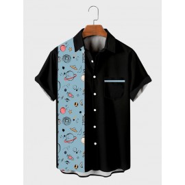 Mens Cartoon Planet Print Patchwork Casual Short Sleeve Shirts Winter