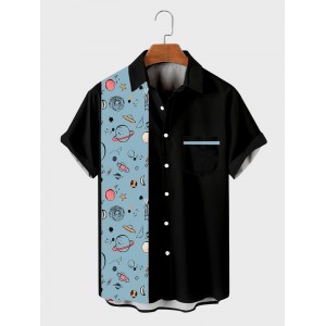 Mens Cartoon Planet Print Patchwork Casual Short Sleeve Shirts Winter