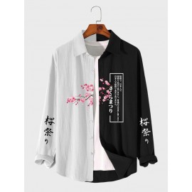 Mens Japanese Cherry Blossoms Print Patchwork Long Sleeve Shirts Winter